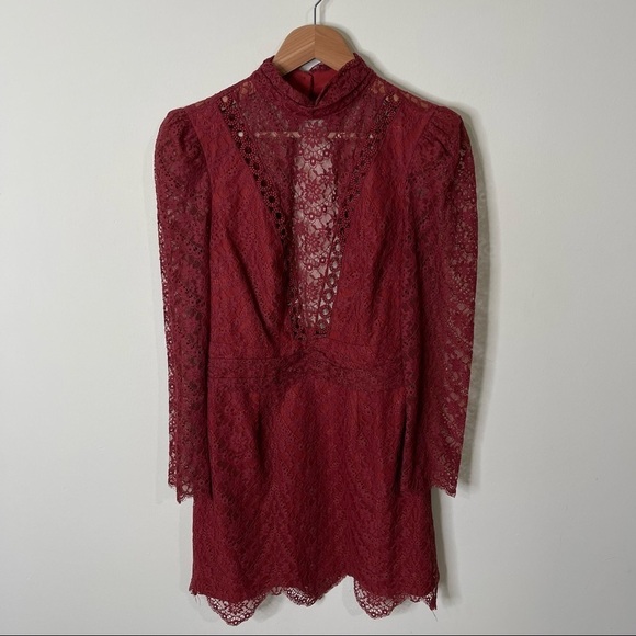 Saylor Lace Mockneck Long Sleeves Mini Celia Dress in Russet Size Medium - Picture 10 of 10
